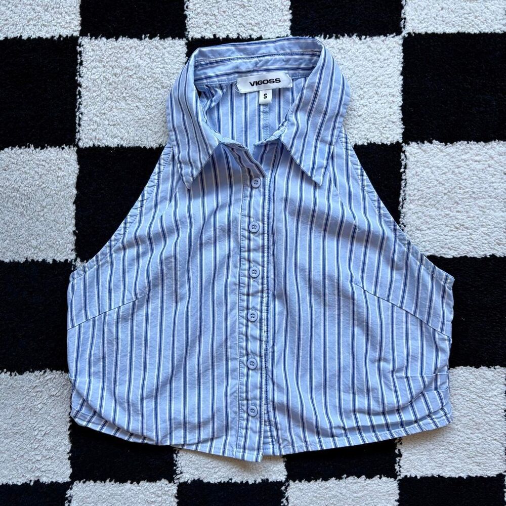 Vigoss Blue Striped Sleeveless Button Down Tank S